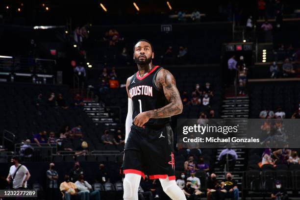 John Wall of the Houston Rockets looks on during the game against the Phoenix Suns on April 12, 2021 at Phoenix Suns Arena in Phoenix, Arizona. NOTE...