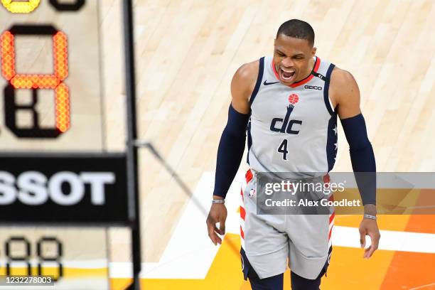 Russell Westbrook of the Washington Wizards celebrates a three point shot during a game against the Utah Jazz at Vivint Smart Home Arena on April 12,...