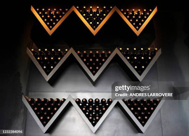 Detail of bottles on display at the restaurant of Salentein, a winery in the Uco Valley, Tupungato Department, in the Argentine province of Mendoza,...