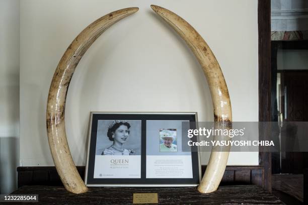 Memorial items are displayed at Treetops Lodge where Britain's Queen Elizabeth II of England stayed the night her father, the King, died and became...