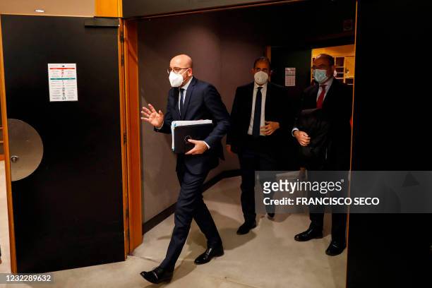 European Council President Charles Michel leaves the Conference of Presidents meeting at the European Parliament in Brussels, on April 13, 2021.