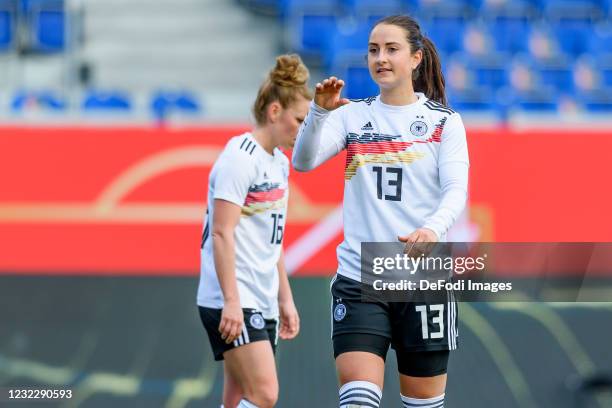 Sara Daebritz of Germany looks on during the Women's International Friendly match between Germany and Norway at BRITA-Arena on April 13, 2021 in...