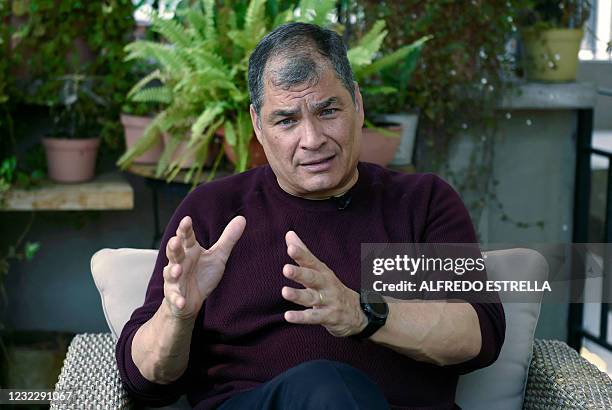 Ecuadorean former President Rafael Correa speaks during an interview with AFP at the Coyoacan neighborhood in Mexico City on April 13, 2021.