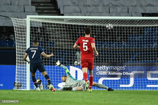 Kylian MBAPPE of PSG scores a goal that will be refused for a offside position during the UEFA Champions League match between Paris Saint Germain and...