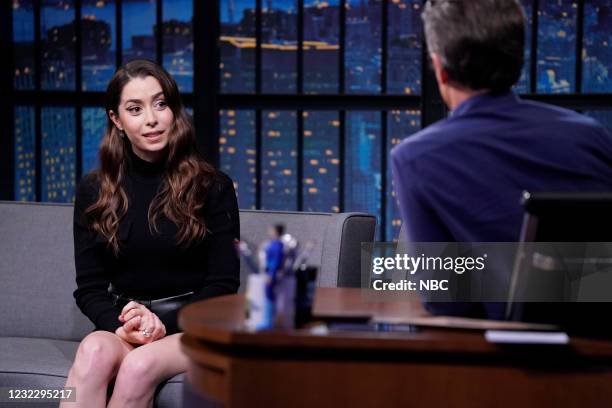 Episode -- Pictured: Actress Cristin Milioti during an interview with host Seth Meyers on April 13, 2021 --