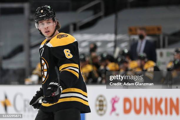 Mike Reilly of the Boston Bruins skates during the first period of a game against the Buffalo Sabres at TD Garden on April 13, 2021 in Boston,...