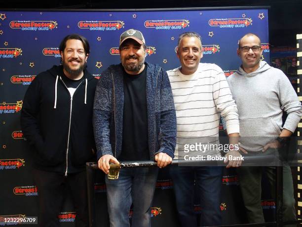 Sal Vulcano, Brian Quinn, Joe Gatto and James Murray of The Tenderloins Comedy Troupe perform at The Stress Factory Comedy Club on April 13, 2021 in...