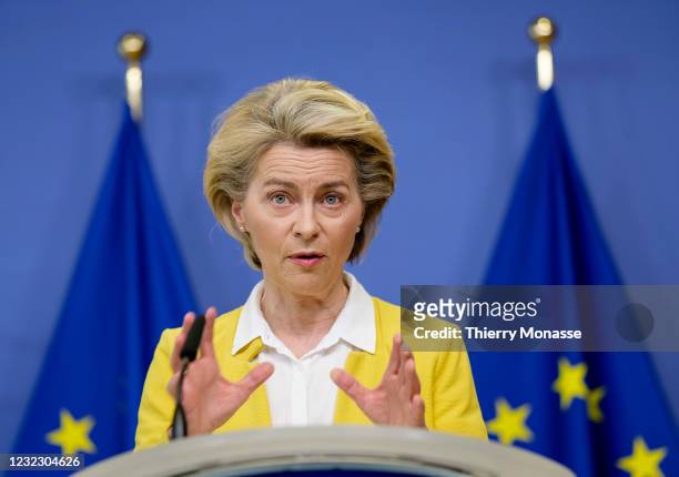 President of the EU Commission Ursula von der Leyen talks to media during a press briefing on Covid-19 vaccination developments, in the Berlaymont,...
