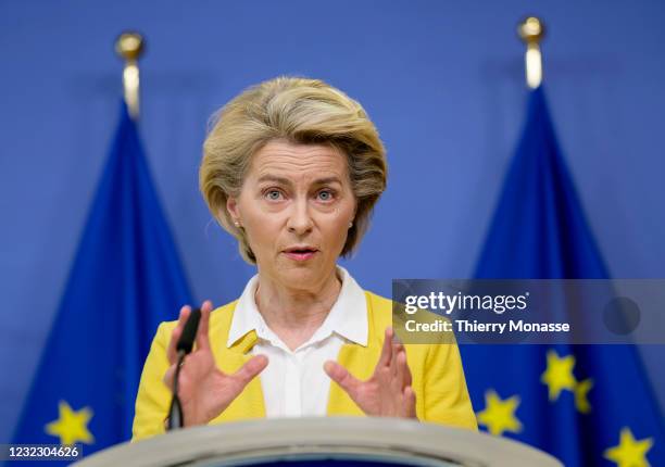 President of the EU Commission Ursula von der Leyen talks to media during a press briefing on Covid-19 vaccination developments, in the Berlaymont,...