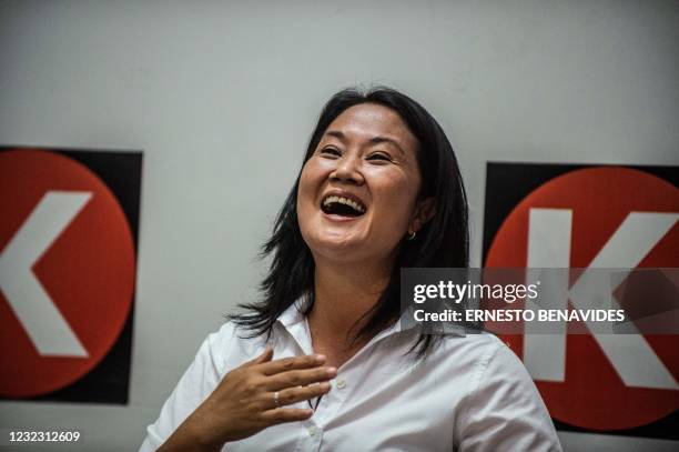 Peruvian presidential candidate for Fuerza Popular Party, Keiko Fujimori, delivers a press conference in Lima on April 14, 2021. - Far-left unionist...