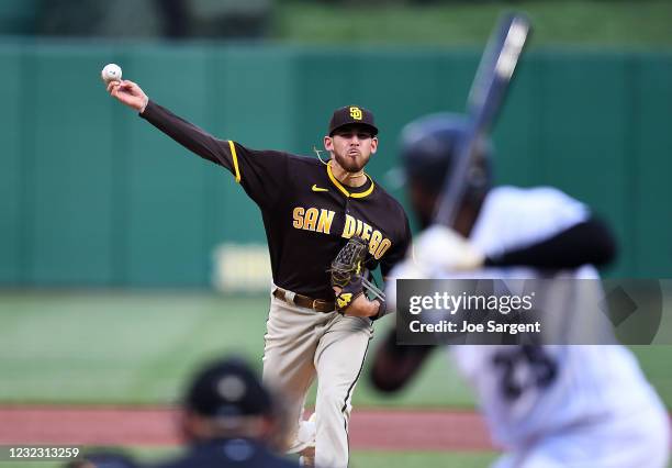 Joe Musgrove of the San Diego Padres pitches during the second inning against the Pittsburgh Pirates at PNC Park on April 14, 2021 in Pittsburgh,...