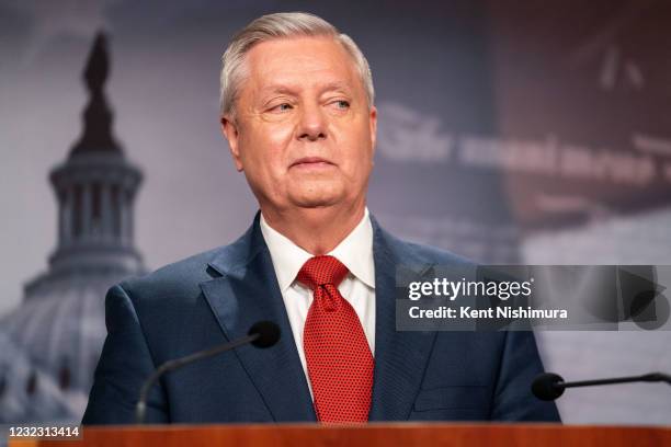Sen. Lindsey Graham speaks during a news conference in response to President Joe Bidens decision to pull all American troops out of Afghanistan by...