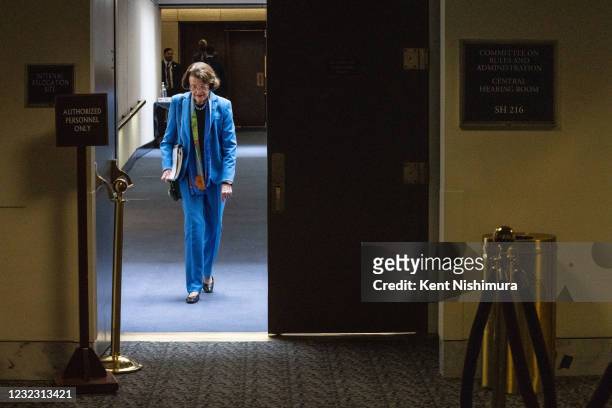 Sen. Dianne Feinstein leaves a committee hearing on Capitol Hill on Wednesday, April 14, 2021 in Washington, DC.