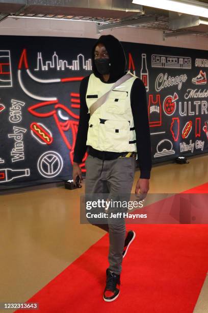 Al-Farouq Aminu of the Chicago Bulls arrives to the game against the Orlando Magic on April 14, 2021 at United Center in Chicago, Illinois. NOTE TO...