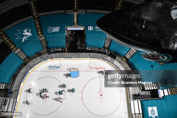 An overhead view as the San Jose Sharks face off against the Anaheim Ducks at SAP Center on April 14, 2021 in San Jose, California.