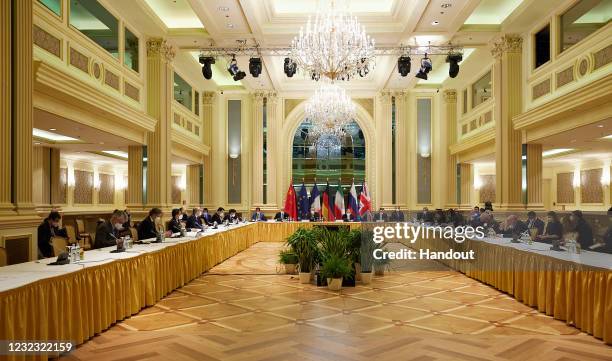 In this handout provided by the EU Delegation in Vienna, Representatives of the European Union, Iran and others attend the Iran nuclear talks at the...