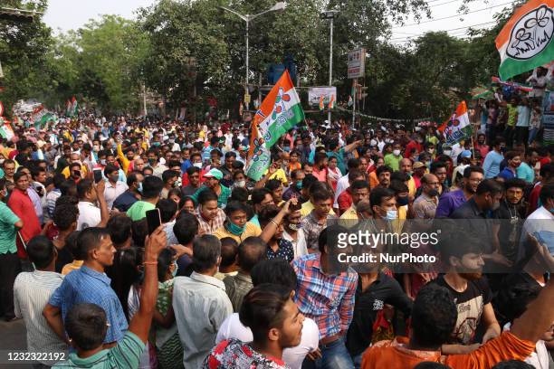 Supporters of TMC and CM of West Bengal attend Mamata Banerjee at the her road show during The Election campaign in Kolkata, India on April 15, 2021.