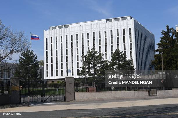 The Russian Embassy in Washington, DC, on April 15, 2021. - The US announced sanctions against Russia on April 15 and the expulsion of 10 diplomats...