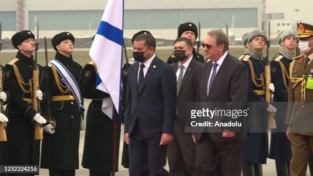 Libyan Government of National Unity Prime Minister Abdul Hamid Dbeibeh is welcomed by Russian Deputy Foreign Minister Mikhail Bogdanov during a visit...