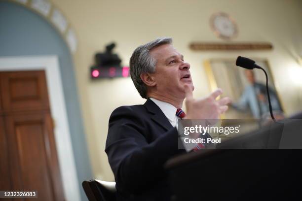 Christopher Wray, director of the Federal Bureau of Investigation , speaks during a House Intelligence Committee hearing on April 15, 2021 in...