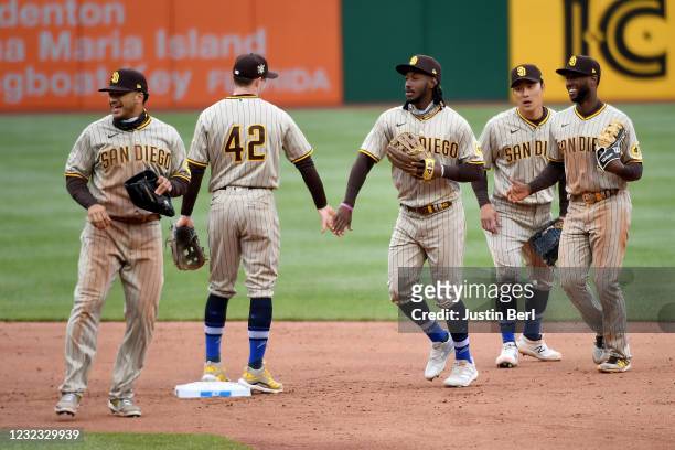 The San Diego Padres celebrate after the final out in a 8-3 win over the Pittsburgh Pirates at PNC Park on April 15, 2021 in Pittsburgh,...