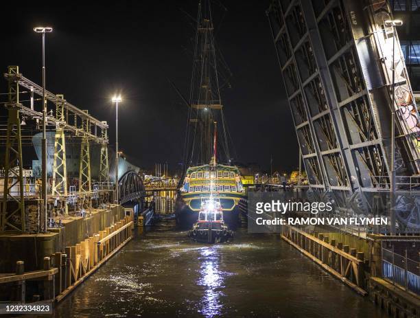 The VOC ship Amsterdam sails across the IJ in Amsterdam to a temporary berth, from where it will return to the museum jetty at the Scheepvaartmuseum...