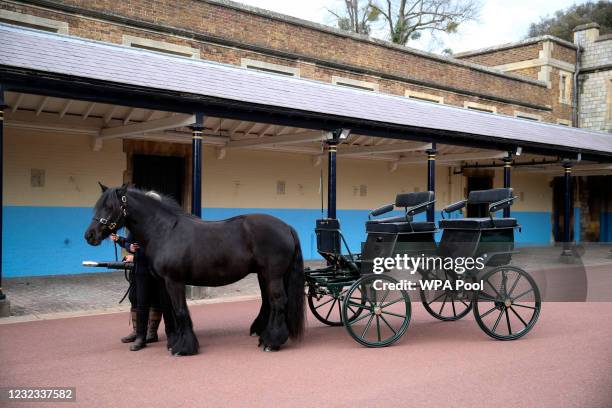 In this previously unreleased image, Prince Philip, Duke of Edinburgh's driving carriage and his two Fell ponies, Balmoral Nevis and Notlaw Storm,...