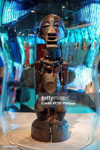 Protective nkishi statue, from the Songye ethnic group (DRC, 19th century is photographed for Paris Match in the Museum Quai Branly-Jacques Chirac at...