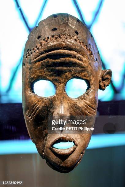 Anthropomorphic dan mask, wood and pigments, is photographed for Paris Match in the Museum Quai Branly-Jacques Chirac at a new permanent exhibition...