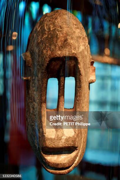 Zoomorphic Dogon wooden mask is photographed for Paris Match in the Museum Quai Branly-Jacques Chirac at a new permanent exhibition space imagined by...