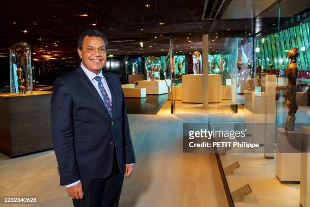 The President of the Museum the Quai Branly-Jacques Chirac, Emmanuel Kasarherou is photographed for Paris Match in a new permanent exhibition space...