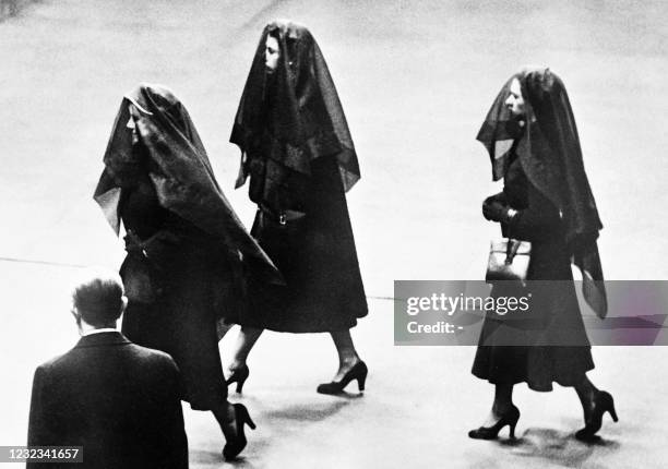 Queen Elizabeth II, Queen Mother Elizabeth and Princess Margaret attend the arrival of the remains of King George VI at Westminster Hall in London on...