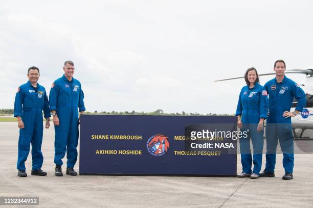 From left to right, Japan Aerospace Exploration Agency astronaut Akihiko Hoshide, NASA astronauts Shane Kimbrough and Megan McArthur, and ESA...