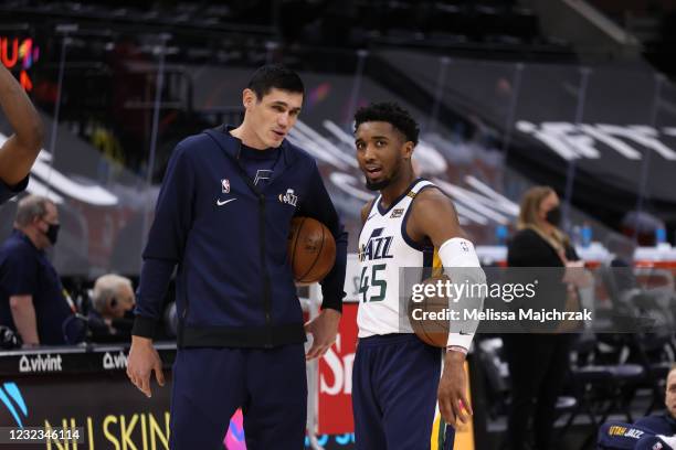 Ersan Ilyasova of the Utah Jazz talks to teammate Donovan Mitchell before the game against the Indiana Pacers on April 16, 2021 at vivint.SmartHome...