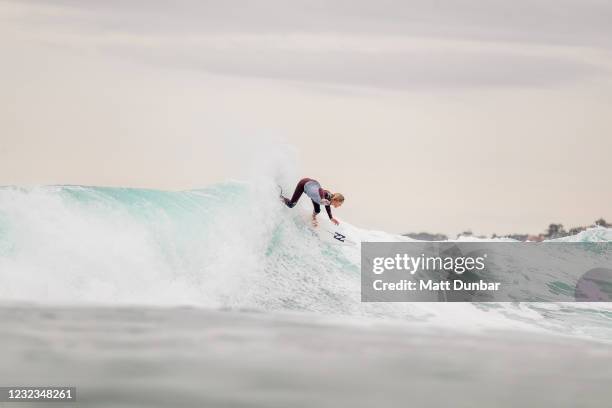 Laura Enever of Australia surfing in Heat 3 of Round 1 of the Rip Curl Narrabeen Classic presented by Corona on April 17, 2021 in Narrabeen,...