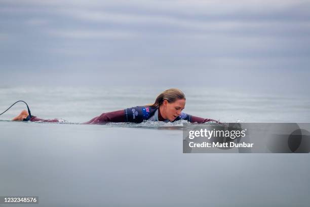 Laura Enever of Australia surfing in Heat 3 of Round 1 of the Rip Curl Narrabeen Classic presented by Corona on April 17, 2021 in Narrabeen,...