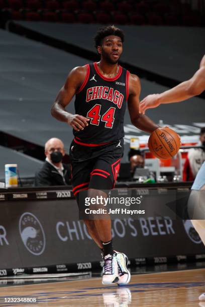 Patrick Williams of the Chicago Bulls dribbles the ball during the game against the Memphis Grizzlies on April 16, 2021 at United Center in Chicago,...