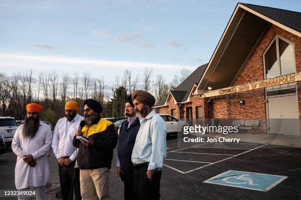 Leaders of the Sikh Satsang of Indianapolis participate in an interview addressing their grief in the parking lot of their temple on April 16, 2021...