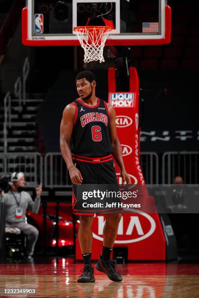 Cristiano Felicio of the Chicago Bulls looks on during the game against the Memphis Grizzlies on April 16, 2021 at United Center in Chicago,...