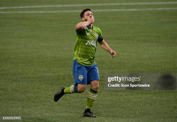 Seattle Sounders FC midfielder Joao Paulo celebrates his 2nd half goal during a MLS match between the Seattle Sounders and Minnesota United FC on...