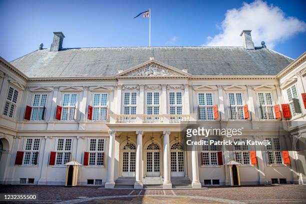 The mourning pennant attached to the Royal Flag is flown on Palace Noordeinde the official workplace of King Willem-Alexander of The Netherlands...