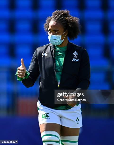 Dublin , Ireland - 17 April 2021; Grace Moore of Ireland walks the pitch before the Women's Six Nations Rugby Championship match between Ireland and...