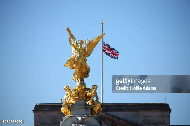 Union flag is flown at half mast over Buckingham Palace on the day of the Duke of Edinburgh's funeral on April 17, 2021 in London, United Kingdom....