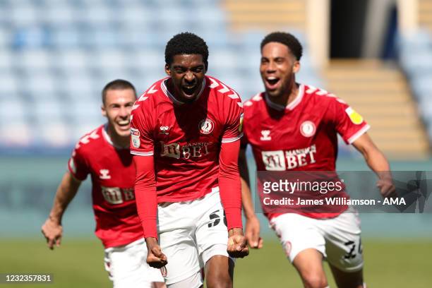 Tyreeq Bakinson of Bristol City celebrates after scoring a goal to make it 1-1 during the Sky Bet Championship match between Sheffield Wednesday and...