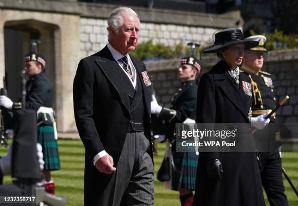 Prince Charles, Prince of Wales and Princess Anne, Princess Royal arrive for the funeral of Prince Philip, Duke of Edinburgh at St George's Chapel at...