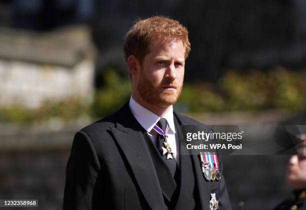 Prince Harry arrives for the funeral of Prince Philip, Duke of Edinburgh at St George's Chapel at Windsor Castle on April 17, 2021 in Windsor,...