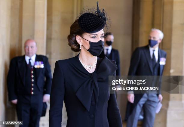 Britain's Catherine, Duchess of Cambridge, attends the funeral of Britain's Prince Philip, Duke of Edinburgh at St George's Chapel in Windsor Castle...