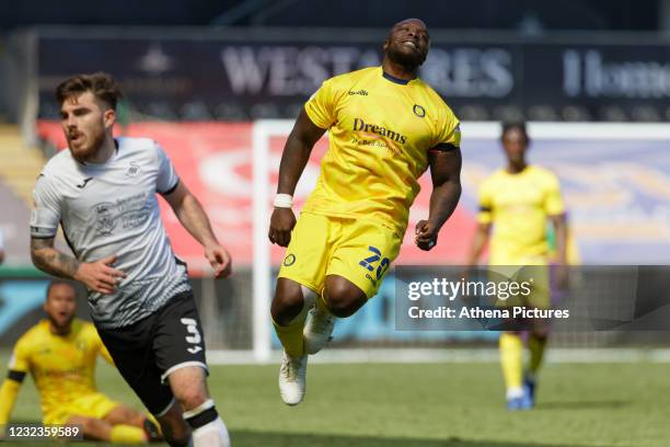 Adebayo Akinfenwa of Wycombe Wanderers in action during the Sky Bet Championship match Swansea City and Wycombe Wanderers at Liberty Stadium on April...