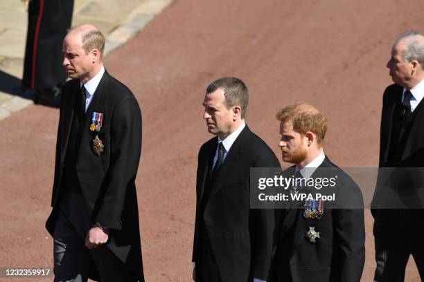 Prince William, Duke of Cambridge, Peter Phillips, Prince Harry, Duke of Sussex and Earl of Snowdon David Armstrong-Jones follow Prince Philip, Duke...