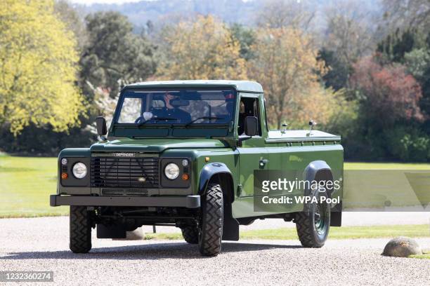Purpose built Land Rover, to carry the coffin of The Duke of Edinburgh’s coffin, arrives for the funeral of Prince Philip, Duke of Edinburgh on April...